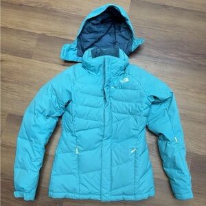 The North Face Blue Zip-Up Down Hooded Small Puffer Jacket